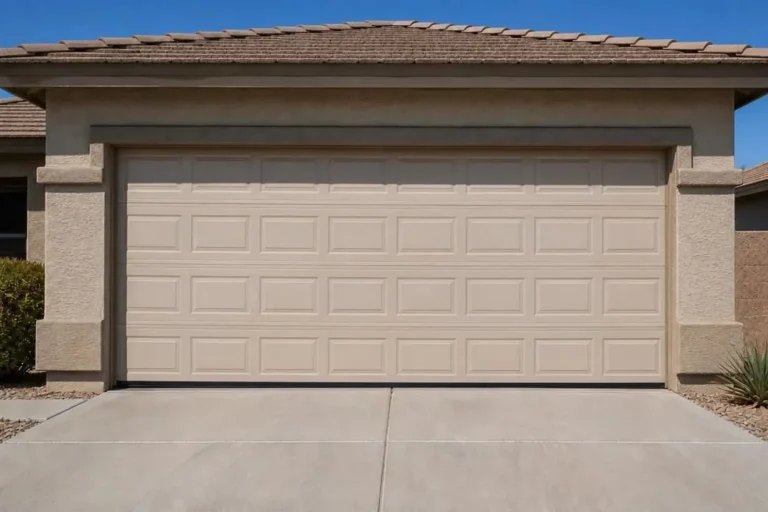 Beige garage door restored and running smoothly after professional repair in Gilbert, AZ