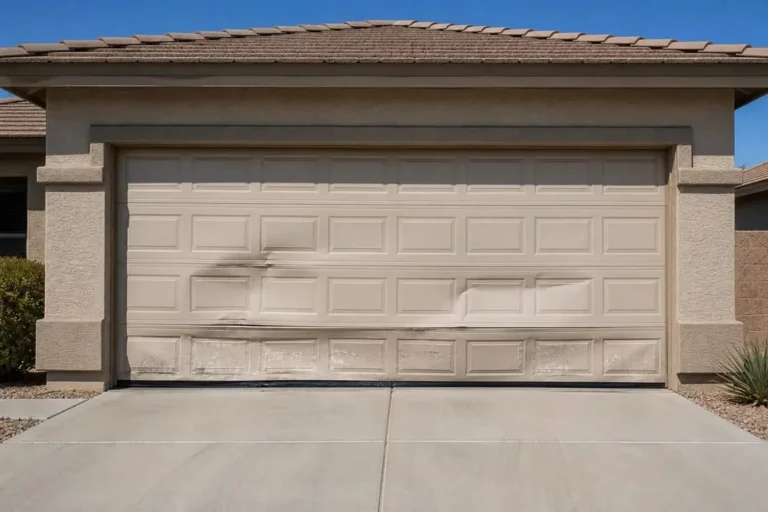 Beige garage door with dented, damaged panels before repair in Gilbert, AZ