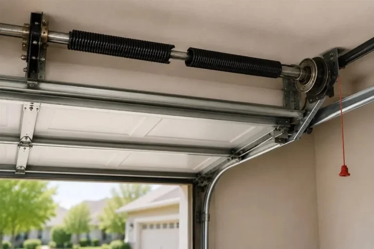 Broken garage door torsion spring with a visible gap where the coil snapped
