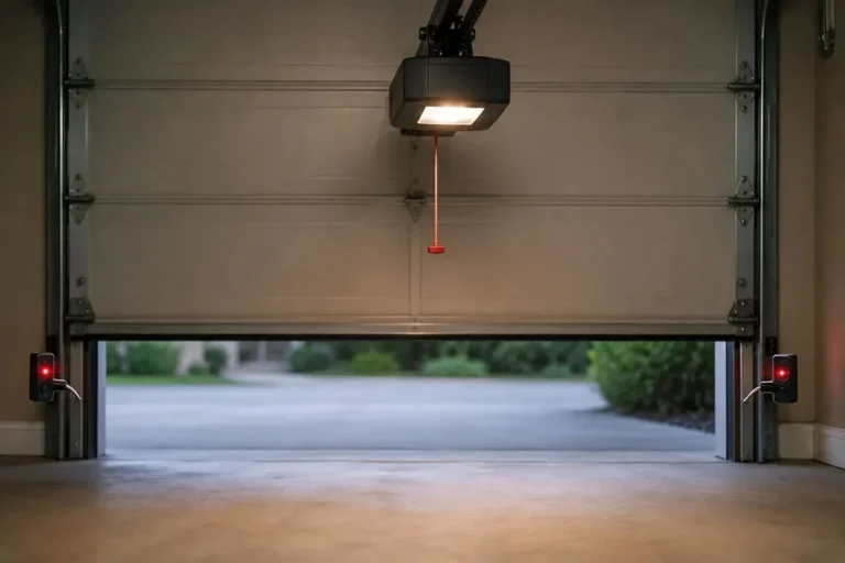 Garage door with safety sensors lit on both sides of the opening near the floor
