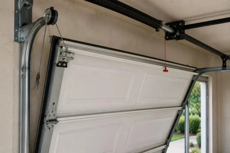Garage door section tilted out of its track with a frayed lift cable hanging loose