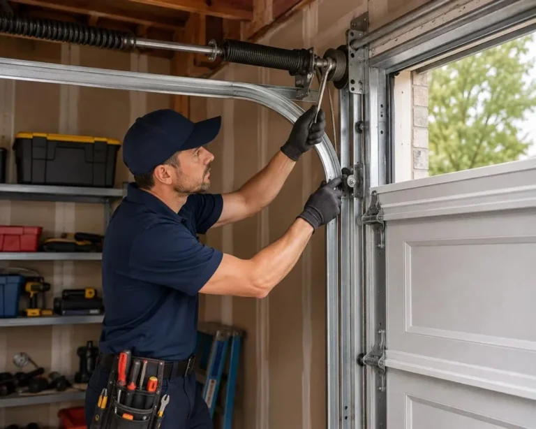 Technician straightening and re-securing a garage door vertical track and bracket