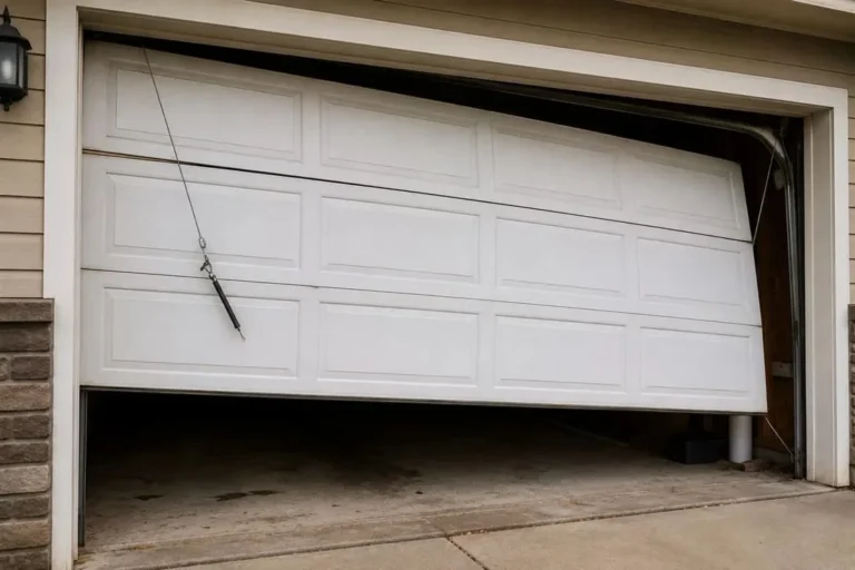 Garage door hanging crooked in the opening with a loose lift cable dangling on one side