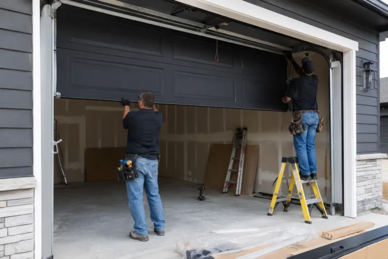 Two technicians installing a new black insulated garage door on a home