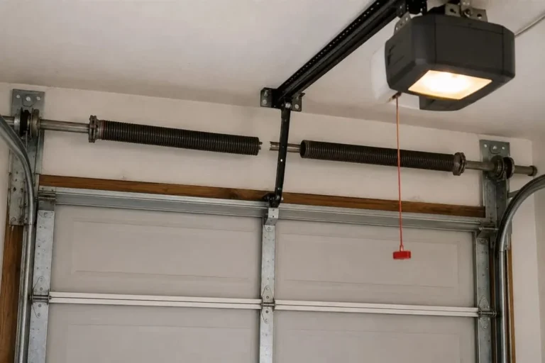 Two intact garage door torsion springs on the bar above a garage door
