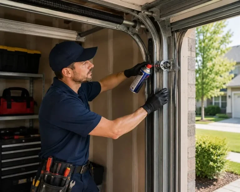 Technician lubricating the hinges and roller bearings on a garage door