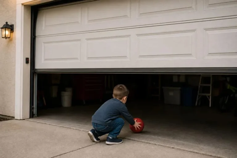 Child playing with a ball under a partly open garage door