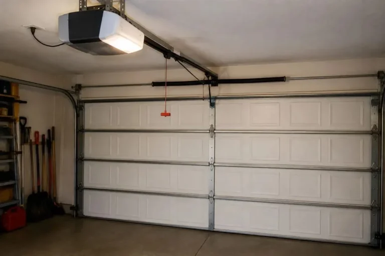 Garage door opener on the ceiling with its chain rail while the door stays closed