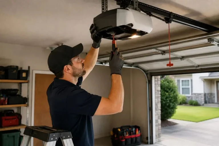 Technician checking a garage door opener motor unit on a ladder