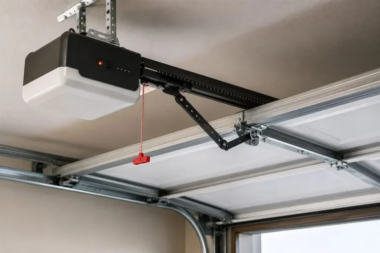 Close-up of a garage door opener, rail, and trolley arm attached to the door