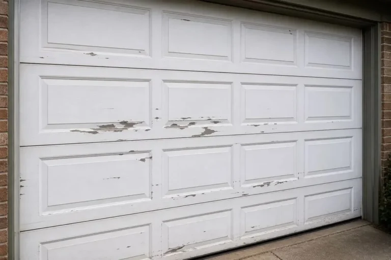 Garage door with chipped and peeling paint on several panels