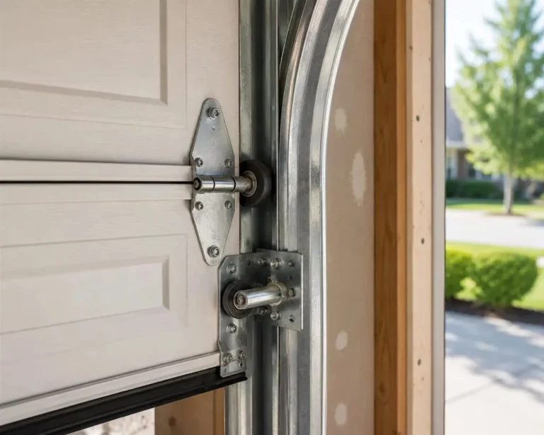 Close-up of a garage door roller and hinge riding inside the vertical metal track