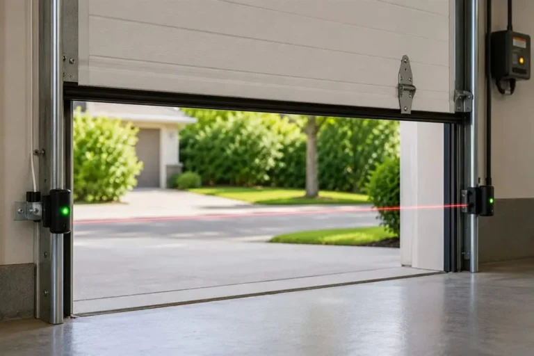 Garage door safety sensor with a steady green light mounted low on the door track