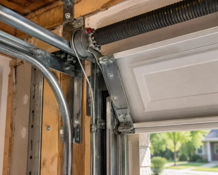 Close-up of a garage door torsion spring, cable drum, and track being inspected