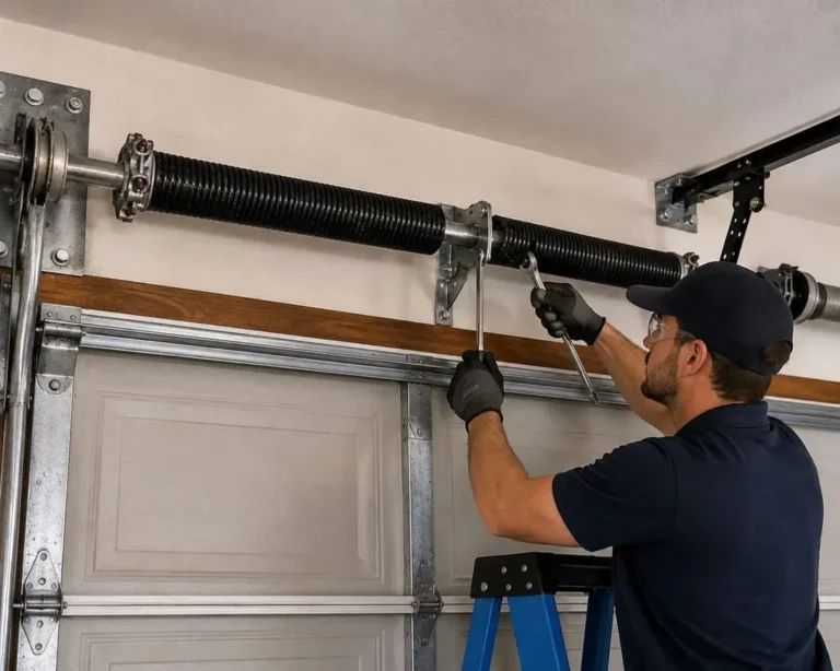 Technician replacing a garage door torsion spring above the door