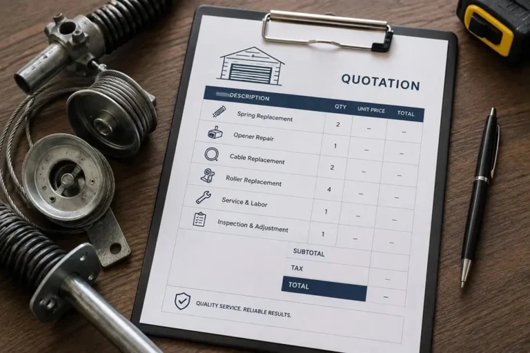 Itemized garage door service quotation on a clipboard next to springs and pulleys