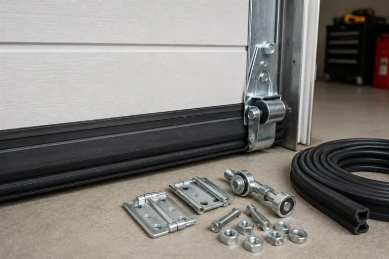 Garage door hinges, fasteners, and a new bottom seal laid out next to the bottom corner bracket