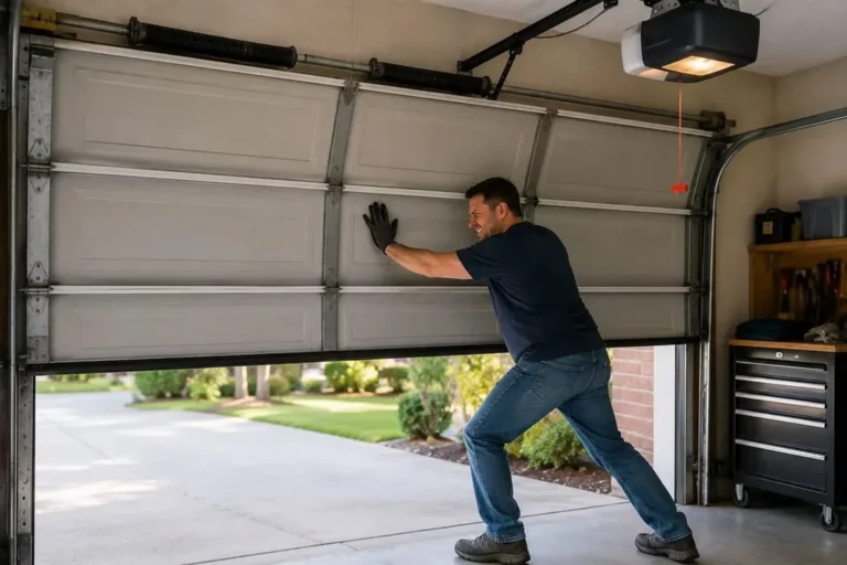 Homeowner struggling to lift a heavy garage door by hand