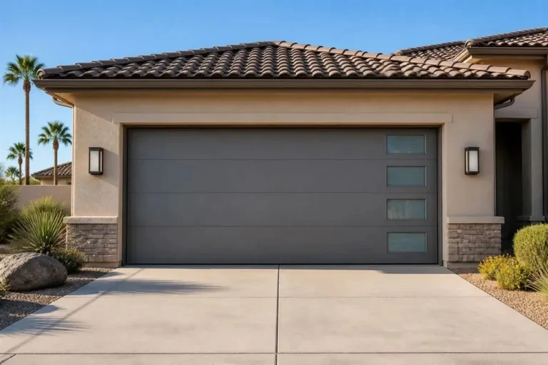 Modern gray flush garage door with vertical glass windows on a stucco home with a tile roof in Gilbert, AZ