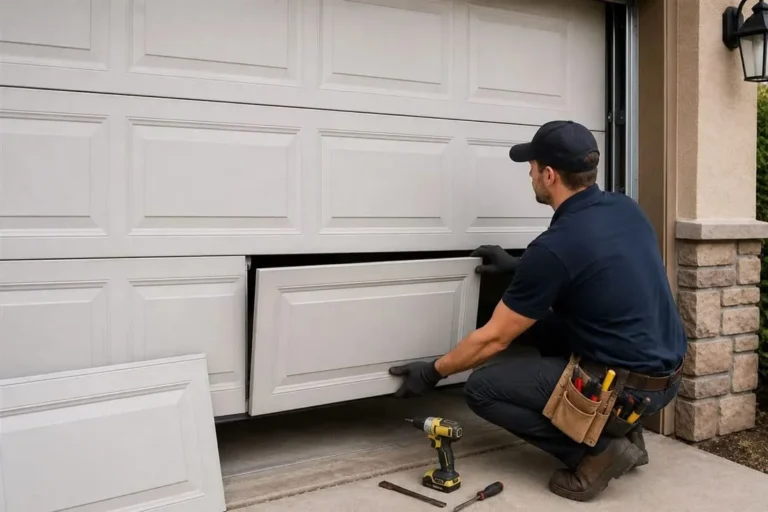 Technician replacing a single bottom panel on a white garage door