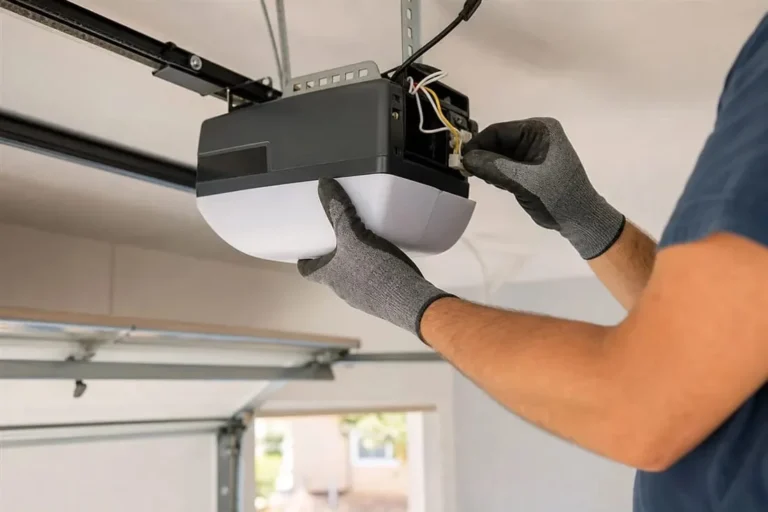 Technician checking the wiring and circuit board on a garage door opener