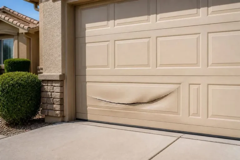 Beige garage door with a bumper dent in the bottom section on a stucco home