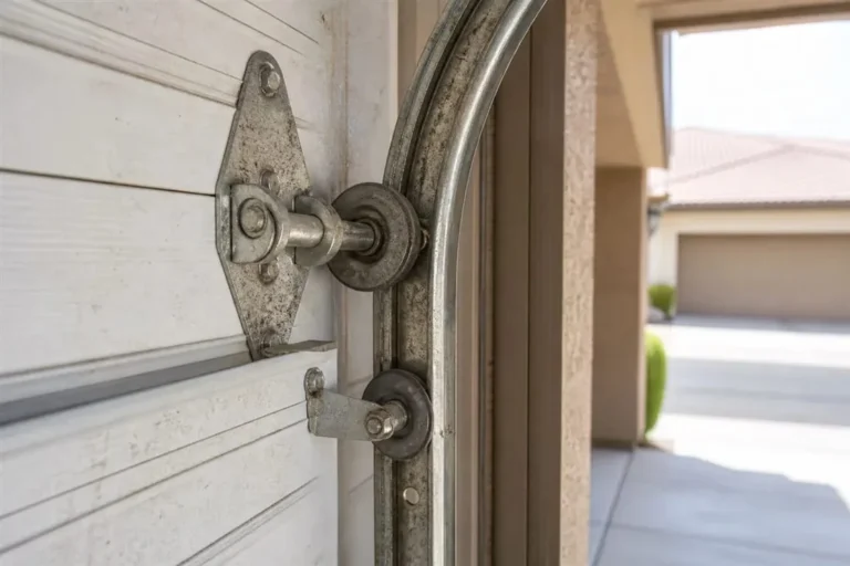 Close-up of a garage door roller and hinge in the side track