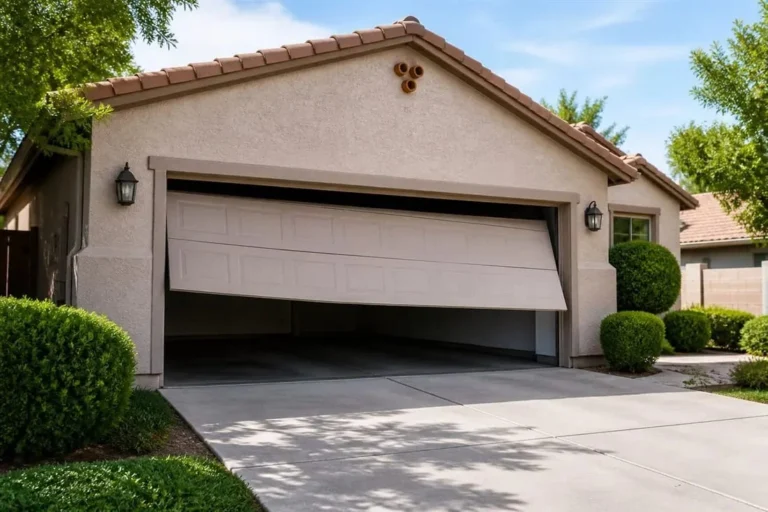 Garage door stuck partly open and crooked on a stucco home with a tile roof in Gilbert, AZ