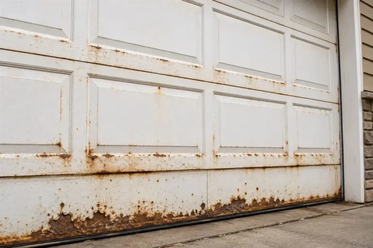 Rust along the bottom section of a white steel garage door