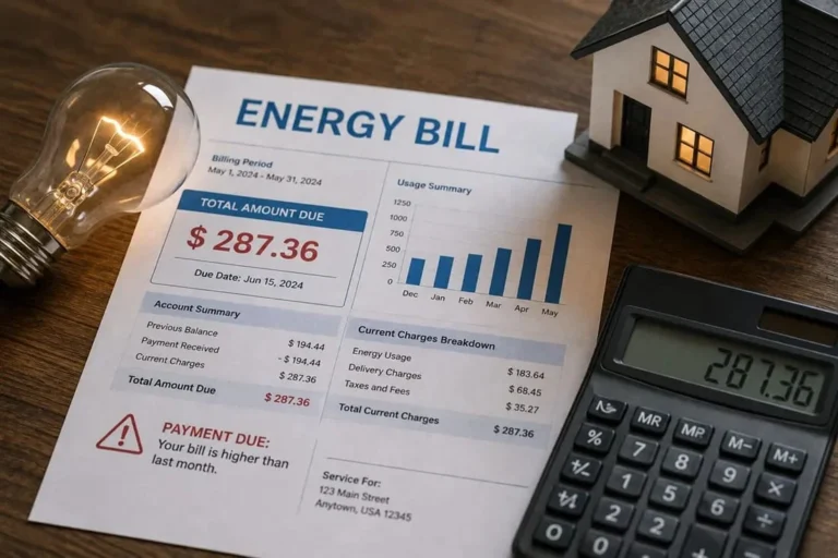 Household energy bill next to a calculator and a model house